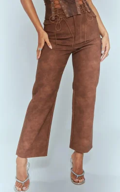 Brown Washed Faux Leather Cropped Straight Leg Pants