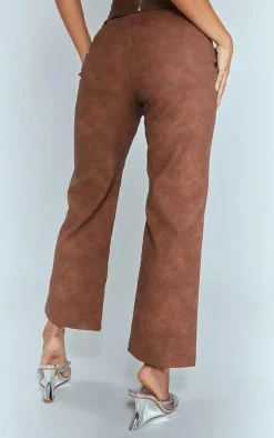 Brown Washed Faux Leather Cropped Straight Leg Pants