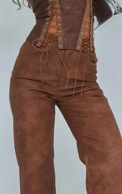 Brown Washed Faux Leather Cropped Straight Leg Pants