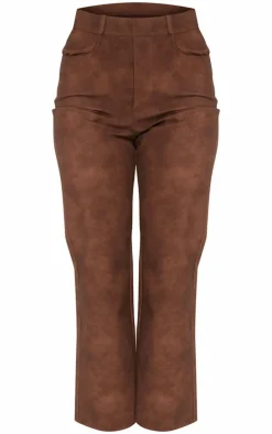 Brown Washed Faux Leather Cropped Straight Leg Pants