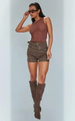 Brown Washed Faux Leather Belted Shorts