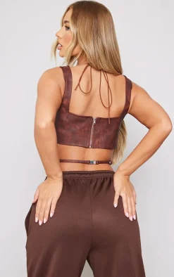 Brown Washed Faux Leather Cross Halterneck Dip Hem Corset