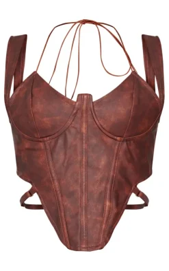 Brown Washed Faux Leather Cross Halterneck Dip Hem Corset