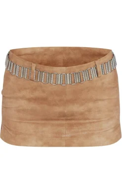 Brown Washed Faux Leather Low Rise Seam Detail Micro Mini Skirt
