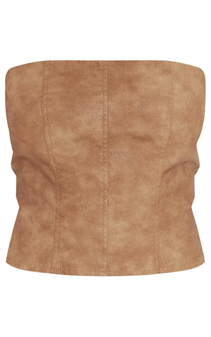 Brown Washed Faux Leather Seam Detail Corset