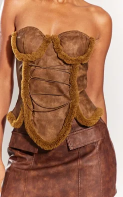 Brown Washed Faux Leather Lace Up Front Fur Trim Under Wire Crop Top