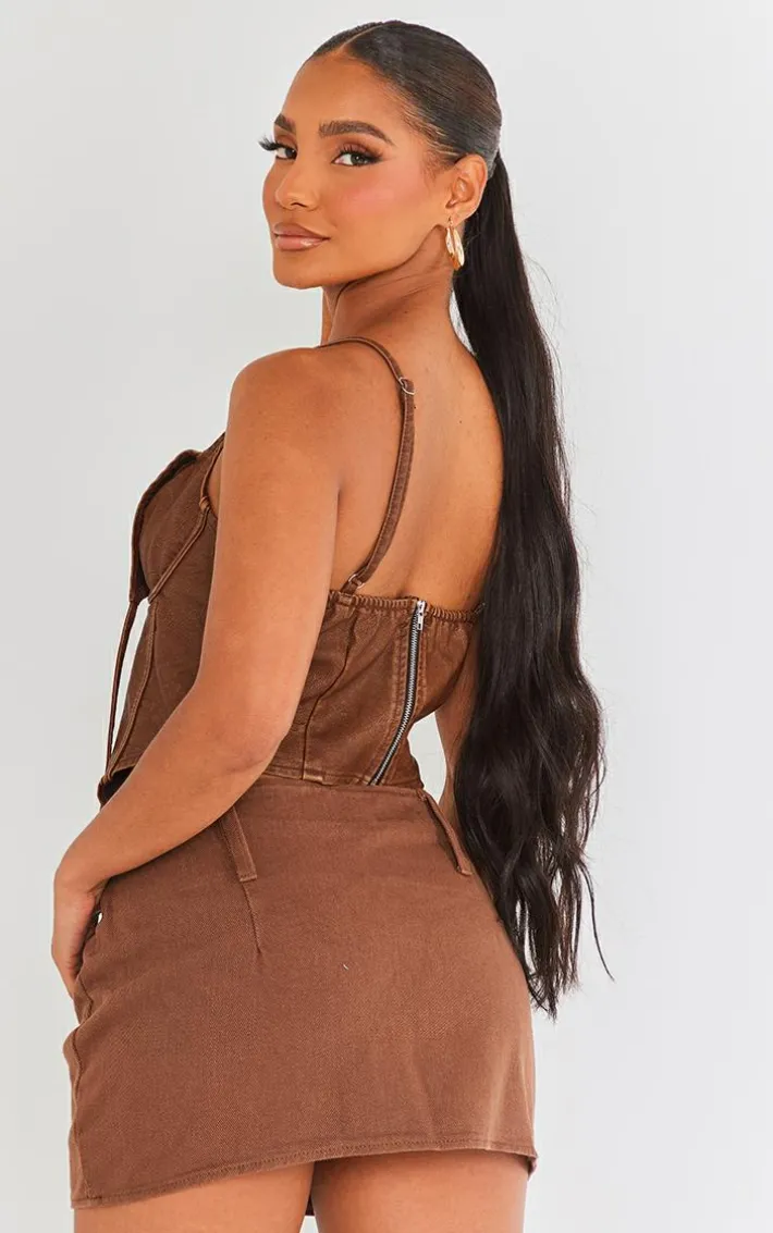 Brown Washed Faux Leather Under Wire Seam Detail Corset