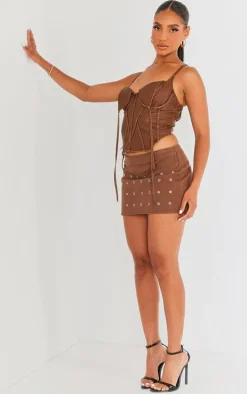 Brown Washed Faux Leather Under Wire Seam Detail Corset