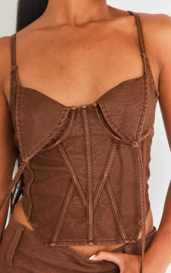 Brown Washed Faux Leather Under Wire Seam Detail Corset