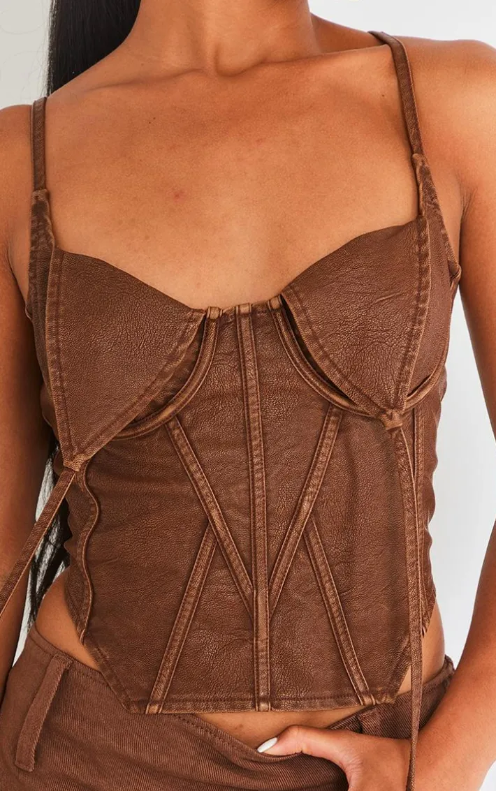 Brown Washed Faux Leather Under Wire Seam Detail Corset