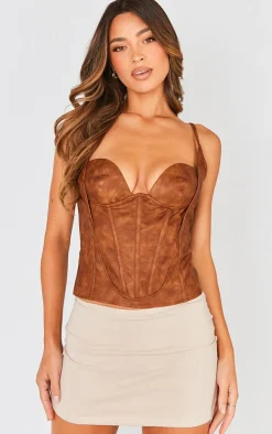 Brown Washed Faux Leather Boned Bust Detail Corset
