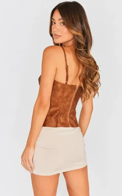 Brown Washed Faux Leather Boned Bust Detail Corset