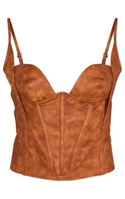 Brown Washed Faux Leather Boned Bust Detail Corset