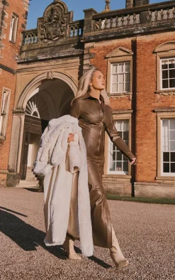 Brown Washed Faux Leather Button Up Maxi Dress