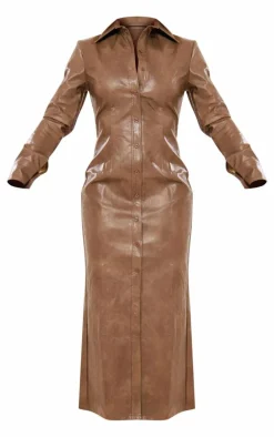 Brown Washed Faux Leather Button Up Maxi Dress