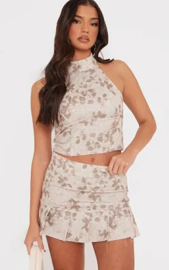 Brown Washed Floral Print Backless Halterneck Top