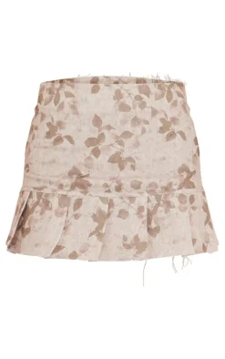 Brown Washed Floral Print Mini Skirt