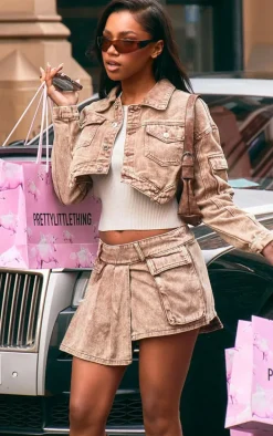 Brown Washed Pocket Detail Asymmetric Micro Mini Denim Skirt