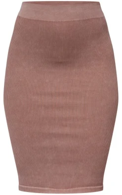 Brown Washed Snatched Rib Low Rise Midi Skirt