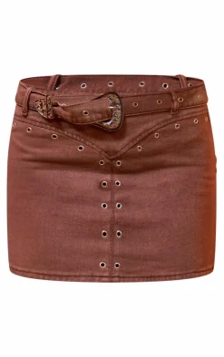 Brown Western Style Silver Buckle Denim Mini Skirt