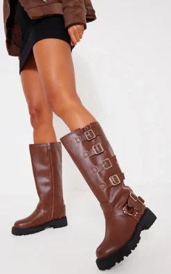 Brown Wide Fit PU Round Toe Multi Buckle Calf High Boots