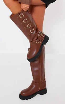 Brown Wide Fit PU Round Toe Multi Buckle Calf High Boots