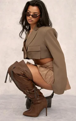 Brown Wide Fit PU Point Toe Utility Buckle Over The Knee Fringed Boots