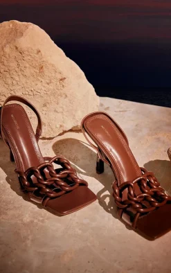 Brown Wide Fit Pu Square Toe Knot Strap Detail High Heeled Sandals