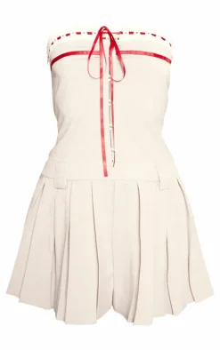 Brown Woven Check Contrast Ribbon Pleated Shift Dress