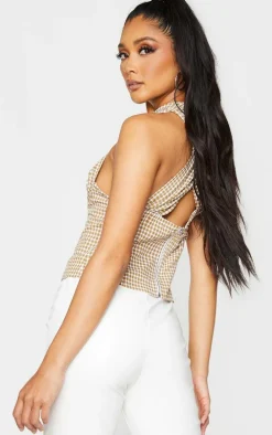 Brown Woven Check Print Underbust Halterneck Cross Over Zip Corset