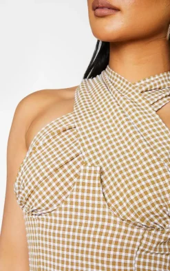 Brown Woven Check Print Underbust Halterneck Cross Over Zip Corset