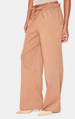 Brown Woven Drawstring Waistband Straight Leg Pants