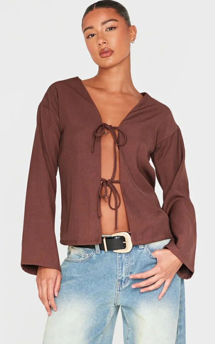 Brown Woven Tie Front Flared Sleeve Shirt