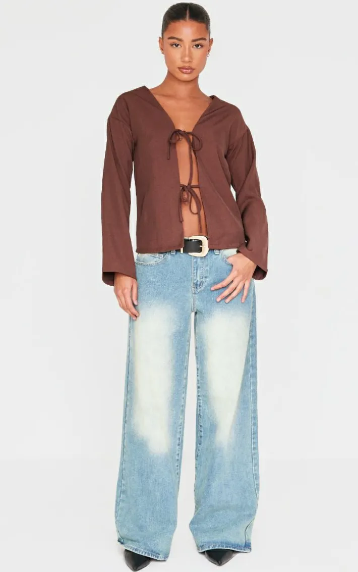 Brown Woven Tie Front Flared Sleeve Shirt