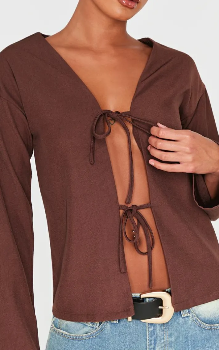 Brown Woven Tie Front Flared Sleeve Shirt