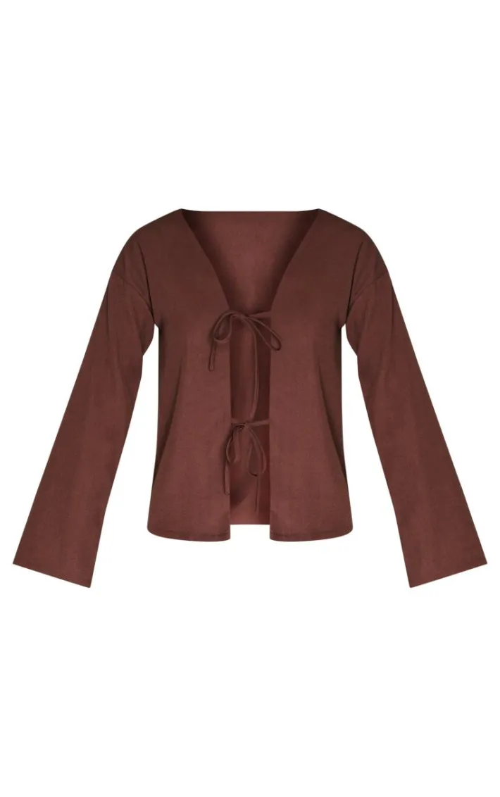 Brown Woven Tie Front Flared Sleeve Shirt