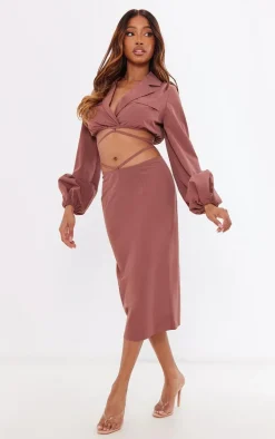 Brown Woven Tie Waist Midi Skirt