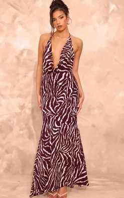 Brown Zebra Print Open Back Halter Neck Maxi Dress