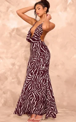 Brown Zebra Print Open Back Halter Neck Maxi Dress
