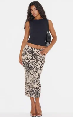 Brown Zebra Print Plisse Printed Midi Skirt