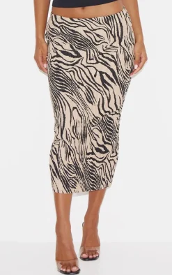 Brown Zebra Print Plisse Printed Midi Skirt