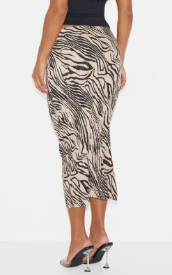 Brown Zebra Print Plisse Printed Midi Skirt