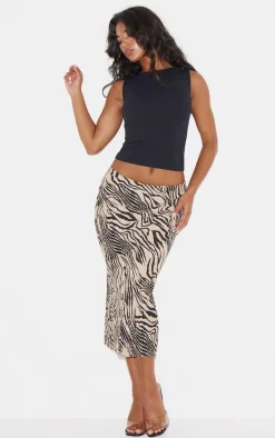 Brown Zebra Print Plisse Printed Midi Skirt
