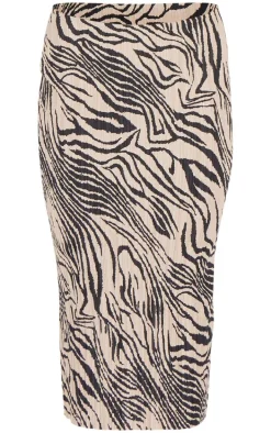 Brown Zebra Print Plisse Printed Midi Skirt