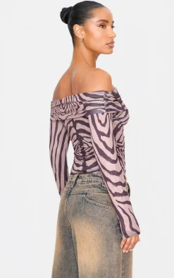 Brown Zebra Print Slinky Bardot Long Sleeve Long Top