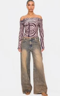 Brown Zebra Print Slinky Bardot Long Sleeve Long Top