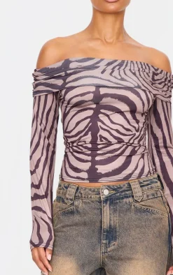 Brown Zebra Print Slinky Bardot Long Sleeve Long Top