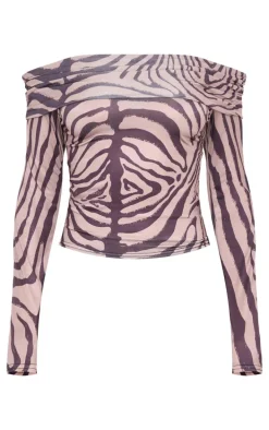 Brown Zebra Print Slinky Bardot Long Sleeve Long Top