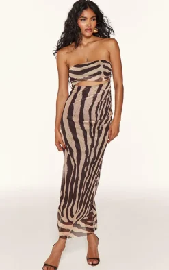 Brown Zebra Printed Bandeau Cut Out Midaxi Dress