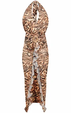 Brown Zebra Printed Mesh Halter Neck Midaxi Dress